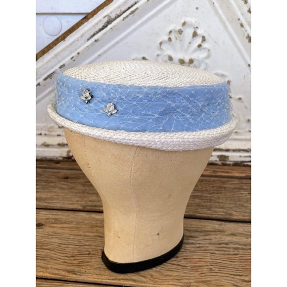 Vintage 1950s Straw Pill Box Hat Whit Rhinestone Bees Bugs - Picture 16 of 16